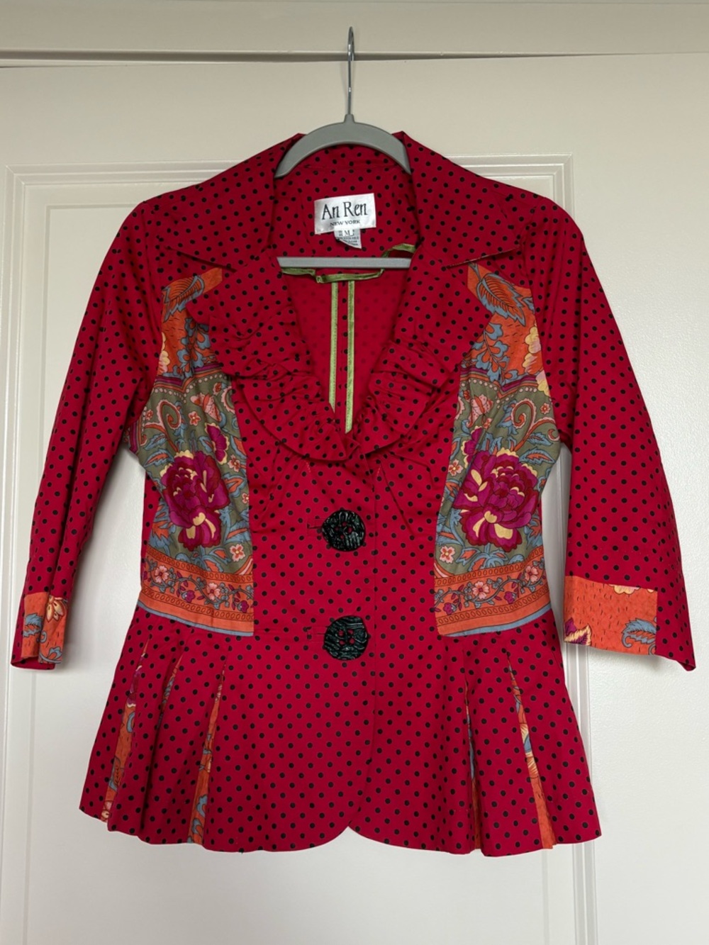 An Ren New York Red Polka Dot Floral Peplum Jacket Size Medium